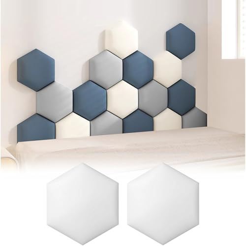 Wzmazingly 2 Pièces Panneau Rembourré, Coussin Mural Anti-Collision Hexagone, Auto-adhésive Tête De Lit Decoration Murale pour Chambre Salon Couloir(White,25x29cm)