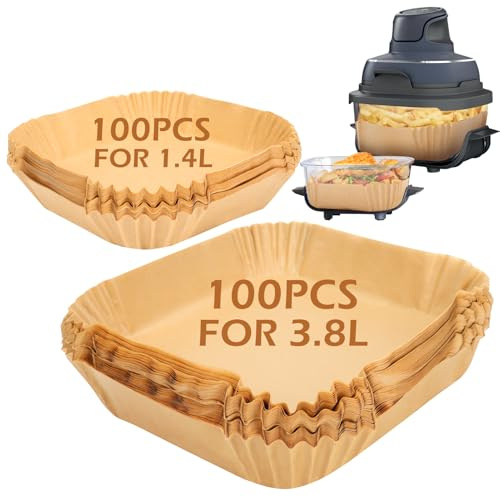 BYKITCHEN Backpapier für Ninja CRISPi FN101EU, 200 Stück | Eckige Einweg-Papiereinlagen für 3,8L und 1,4L Behälter der tragbaren 4-in-1 Heißluftfritteuse