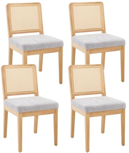 chairus Set med 4 matstolar i tyg köksstol med vadderad kudde klassiska stolar med rotting ryggstöd trästol för matsal/vardagsrum/trädgård, grå