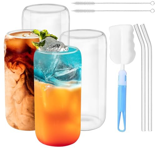 Zosenyer Tazza con Cannuccia, 4 Pezzi Tazzine Caffe Vetro 500ml, Bicchieri da Acqua con Coperchio e Cannuccia Adatta per cappuccino Tè al Rum e Bevande Fredde