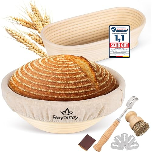 RoyalFay® Gärkörbchen-Set – 1 ovaler (23cm) + 1 runder (23cm) Gärkorb aus atmungsaktiven Natur-Rattan – mit Messer, Reinigungsbürste, Baumwollgärtuch, Ersatzklingen – Teigboxen, Teigruhe