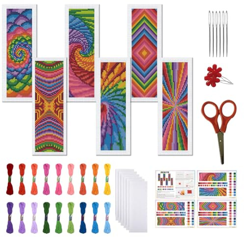 FREEBLOSS 6 juegos de marcapáginas de punto de cruz, diseño floral, juego de bordado estampado, marcapáginas DIY, marcapáginas, juegos de punto de cruz con instrucciones para principiantes y adultos