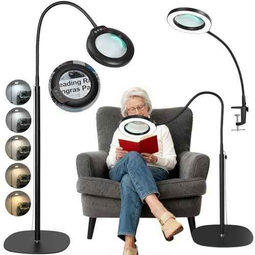 Veemagni 10X Echte Glaslinsen Lupe mit Licht und Ständer, 24 Flexible Schwanenhals-Lupe Stehlampe, 5 Farbmodi Stufenlos Dimmbar, 3-in-1 LED Vergrößerungslampe Standlupe Hände frei zum Lesen Malen