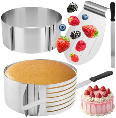 Yuragim Anello Torta,Stampo Circolare per Torte Regolabile, 4PCS Anello Torta Kit,Pressa Stantuffo Paletta Base,Taglierina in Acciaio Inox,per Pasticceria per Torte Dessert Mousse Alimenti Decorazioni