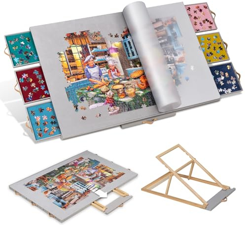 Tektalk Flanellstoff-bedeckter Puzzle-Tisch mit integriertem verstellbarem Ständer und Abdeckung, tragbare Puzzle-Platte mit 6 Sortierschubladen, für bis zu 1500 Teile – grau