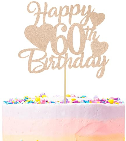 60th Happy Birthday Cake Topper, Rose Gold Glitter Cupcake Topper, 60 Years Old Birthday Cake Decoration for Women Themed Party