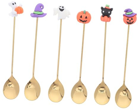 VALICLUD 6 pièces Cuillères à Dessert Halloween Acier Inoxydable Lot Charms Fantaisie Chat Noir Citrouille Chapeau de Cuillères Multifonctionnelles pour Café Apéritifs et Desserts