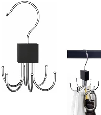 360° Swivel Belt Hanger for Wardrobe –Tie Rack Hanger with 6 Stainless Steel Hooks – Space Saving Storage Organizer for Belts, Tie, Scarves, Hat, Bag