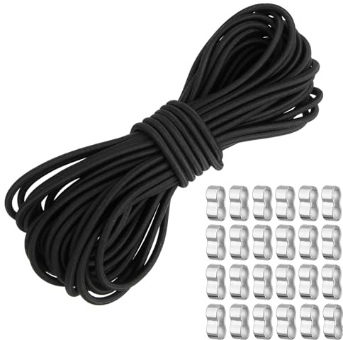 4 mm x 10 m elastisk spännare, svart elastiskt rep med 24 M5-spännen | Sandow Stark och hållbar latex-elastisk presenning för släpvagn, båt, camping, tält, ryggsäck (4 mm x 10 m)