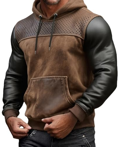 Felpa con cappuccio da uomo in finta pelle con cappuccio traforato sulle spalle con coulisse cappuccio stile retrò per casual e streetwear, Marrone, XL