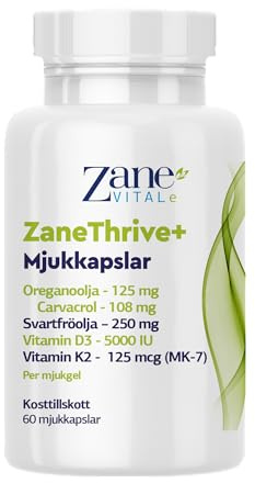 ZaneThrive+ Oreganoolja, svartfröolja, vitamin D3 och K2-tillskott - Hög potens - Med karvakrol och tymokinon - Icke-GMO, glutenfri - 60 mjukkapslar från Zane Vital.