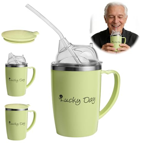 KUWUNG 350ml Adult Sippy Cup, 3-in-1 Beakers for Elderly, Stainless Sippy Cup for Adults with 30cm Tube and Handle Anti Choke & Non Spill for Disabled Adults Elderly Patient Maternity