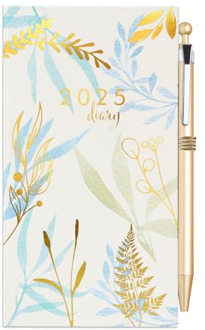 Luxus-Terminkalender für 2024, schmal, Wochenansicht, 2024, ganzjährig, mit Stift (Botanicals Goldfolie)