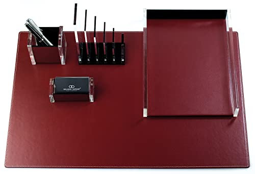 DELMON VARONE - Schreibtischset 5-teilig XXL aus Acryl & Leder Rot - Büro-Set mit Schreibunterlage, Briefablagekasten, Stifteköcher, Visitenkartenhalter & Briefständer - Schreibtisch Organizer Set