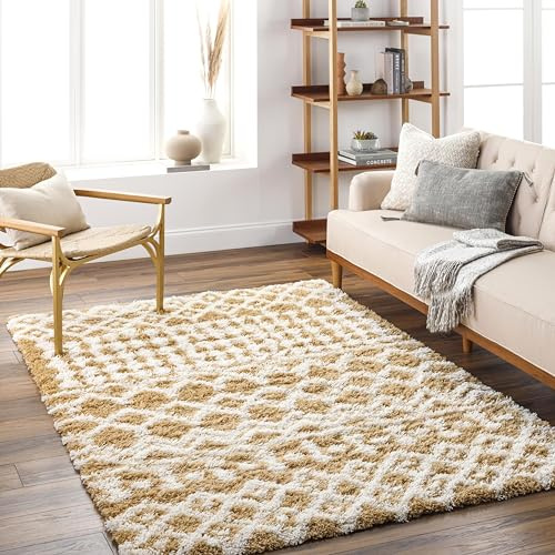 Livabliss Nour Dubai Shaggy Carpet 160x220 cm, Soft Plush Thick Pile for Living Room & Bedroom, Abstract Berber Design, Easy Care, Camel Ivory