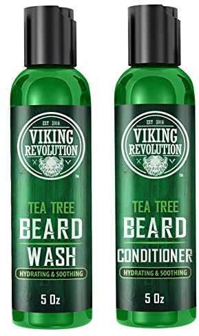 Viking Revolution Tea Tree Beard Wash and Conditioner Set for Men - Natural Beard Softener with Argan Oil, Vitamin E and Ginseng (5 Oz)