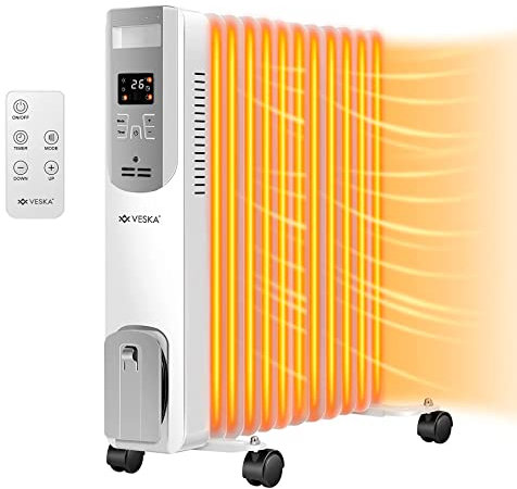 Ölradiator 2500W Elektro Heizkörper mit LCD-Display und Fernbedienung, 12h-Timer, Thermostat, Abschaltautomatik, Überhitzungsschutz Mobile Elektroheizung 2500 Watt (weiß)