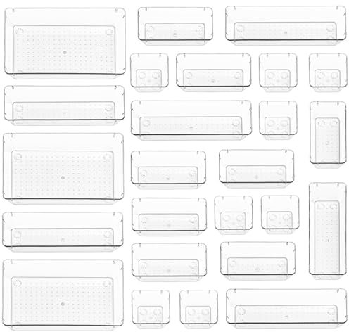 Stackzy Besteck Schubladen Organizer Set,Utensilienbehälter Tablett für Schubladen,Besteckset Trennwand,Küche Aufbewahrung & Organisation,Kompakte Make-up Aufbewahrung für Schlafzimmer,25 Pack