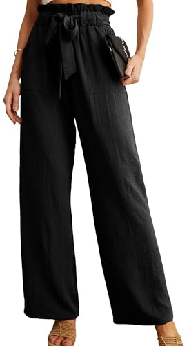 IWOLLENCE Women's Wide Leg Pants with Pockets High Waist Adjustable Knot Loose Casual Trousers Business Work Casual Pants Black Large