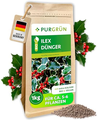 Purgrün® Bio-Ilex-Dünger 1 kg – Organische Rezeptur – Feinkörniges Krümelgranulat – NPK 6+2+7 – Extra Magnesium für leuchtend grüne Blätter – Verbessert die Bodenqualität - Vegan