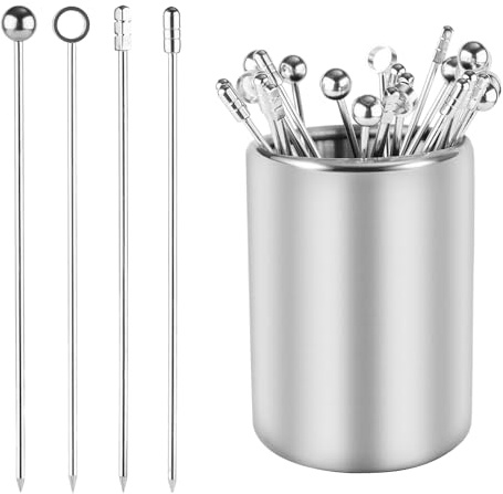 Kit de Palillos de Cóctel y Soporte, 28uds Púas de Cócteles de Metal para Bebidas con Soporte Agitadores de Cócteles Reutilizables Brochetas Aperitivo para Frutas Sándwiches Magdalenas Fiestas