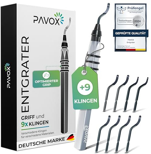 PAVOX® Entgrater inkl. 9 Klingen für saubere Kanten an Metall, Kunststoff, Kupfer, Holz & mehr I Ideal im Einsatz als Handentgrater für 3D Druck I Mit 3 Arten Entgrater Metall-Klingen