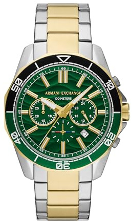 Armani Exchange A|X Dive-Inspired Sports Watch for Men with Stainless Steel or Silicone Band, Two Tone/Green, Spencer