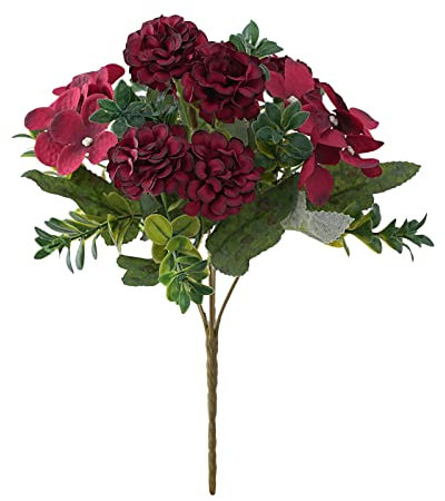 Artificial Flowers Bouquet Outdoor & Indoor Faux Hydrangea Flowers UV-Resistant Hanging Fake Greenery Shrub Plants - Lifelike Spring Summer Garden Decor for Table Centrepiece, Wedding (red)