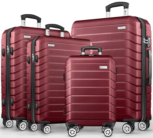 tillvex® Set de 4 Valises de Voyage + Balance, 4 Sangles à Bagages et 4 étiquettes à Bagages | Lot de valises avec roulettes et TSA Lock | Sacs de Voyage à Coque Rigide S-M-L-XL (Rouge)
