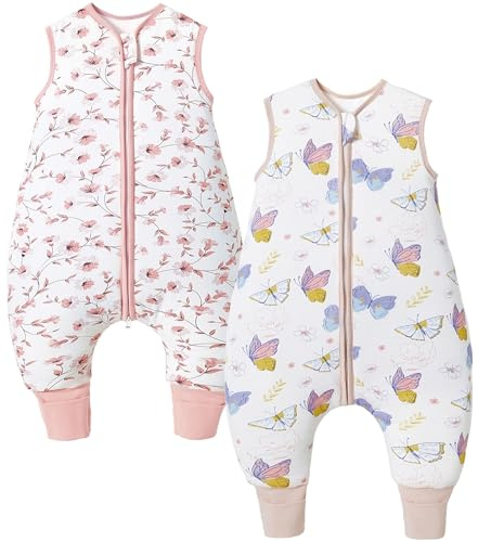 Teechodina Baby Schlafsack mit Füßen 2er Pack Baumwolle 2.5 Tog Kinder Winter Schlafsack mit Beinen für Jungen Mädchen, 2.5 Tog/Kirschblüte + Schmetterling, 70cm/Baby Höhe 75-85cm