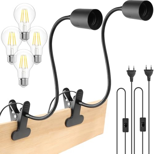 BILIPLE E27 Lampenfassung mit Clip, 2 Stück E27 Klemmleuchte + 4 Stück A60 4W LED Birne Warmweiß 2700K, Klemmlampe mit Schalter und Stecker, 360° Verstellbarer Schwanenhals für Bettlampe, Leselampe