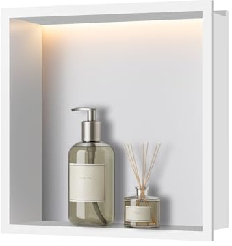 FTL White Shower Niche with Light 30x30cm, Stainless Steel LED Shower Niche with Lighting No Tile Needed Niche for Shower with 3000K Non-Dimmable LED Light Recessed Bathroom Horizontal Wall Niche