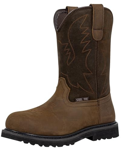 CVDSHU Steel Toe Work Boots for Men, Round Toe Leather Pull-On Cowboy Boots - Non-Slip Western Safety Shoes for Construction, Industrial, Welding Brown Size 11