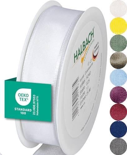 Halbach Geschenkband mit Drahtkante, 25 mm x 25 m, weiß | Taftband mit formbarer Drahtkante aus 100% Acetat, Made in Germany, Öko-Tex 100 zertifiziert, wetter-/wasserfest