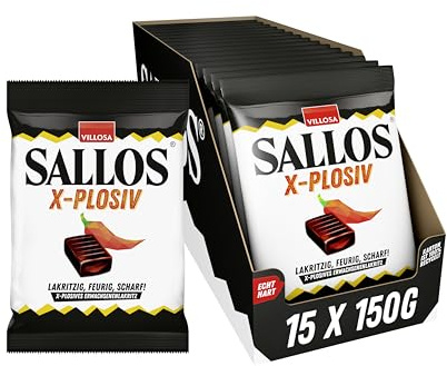 SALLOS X-plosiv Vorrats-Pack – scharfe Lakritz-Bonbons mit Chili-Extrakt, aus natürlichem Süßholzsaft, würzig-scharfe Lakritz-Kombination, vegan, im Vorrats-Pack, 15 x 150 g
