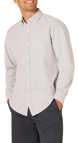 Amazon Essentials Camisa Oxford de Manga Larga y Corte Regular Hombre, Gris, L
