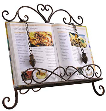 Antique Metal Kitchen Cookbook Display Stand, Recipe Book and iPad Holder, Cookery Book Easel with Weighted Chains for Gift, Rustic Dark Brown
