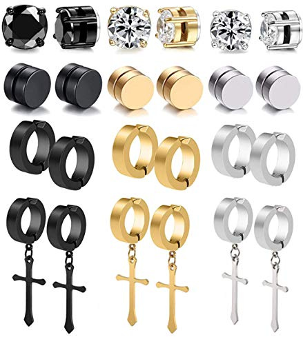 WAINIS 12 Pairs Stainless Steel Non Pierced Magnetic Earrings for Men Women CZ Clip on Dangle Magnet Earrings Set