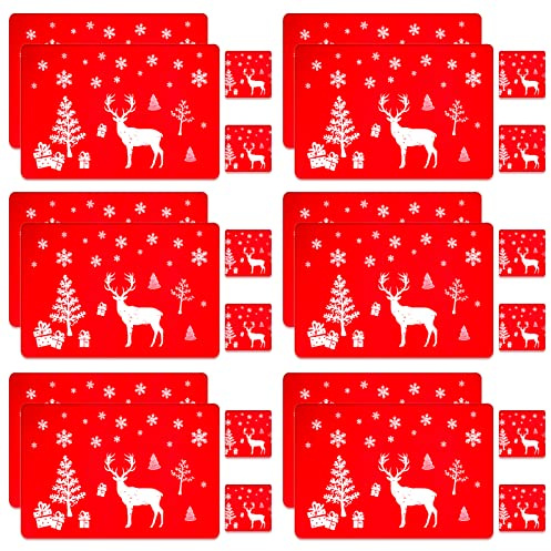 Pwsap 24pcs Weihnachten PVC Tischsets Untersetzer Set, Waschbar Rentier Weihnachts Hitzebeständige Tischsets für Esstisch Dekoration