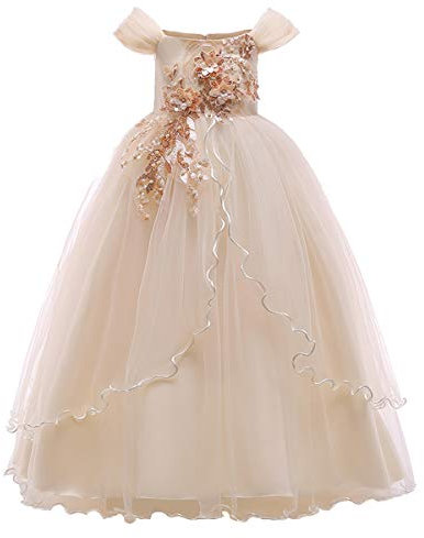 Vestido de Niña de Las Flores Sin Mangas Fuera del Hombro Tutu Tul Vestido Largo Princesa para Dama de Honor de la Boda Fiesta Cumpleaños Noche Bautizo Ceremonia Ocasión Especial Champán 11-12Años