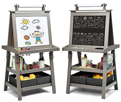 COSTWAY 3 in 1 Cavalletto per Bambini con Doppia Faccia, Cavalletto per Disegno con 2 Vassoi e 2 Scatole, Lavagna Bambini in Legno (Grigio)