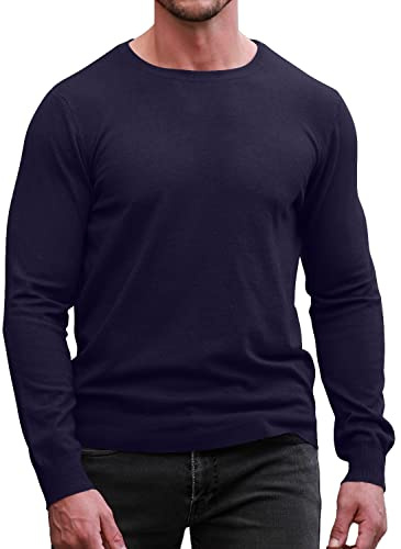 MLANM Men's Long Sleeve Crew Neck Jumper Slim Fit Navy Blue XL
