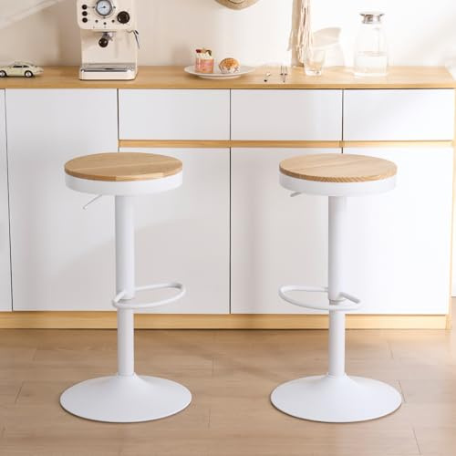 Kidol & Shellder Barstolar set om 2 vita, massivt trä, justerbar diskpall för köksbänk, massiv trämetall, modern industriell vintage
