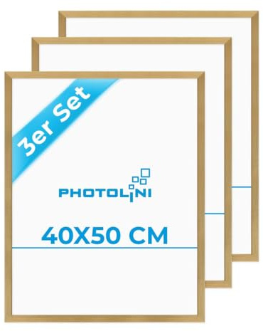 PHOTOLINI Bilderrahmen 40x50 gold Holz MDF, 3er Set Bilderrahmen 50x40 gold mit bruchsicherem Acrylglas, Rahmen 40x50 zum Aufhängen, 50 x 40 frame mit Zubehör - picture frames für Fotos & Poster
