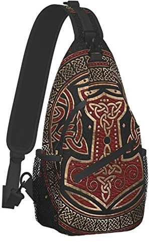 JHBTFQ Viking Crossbody Waist Bag For Men, Nordic Print Chest Bag Sport Shoulder Bag Travel Gym Workout Commuting,Hammer Of Thor,One Size