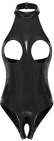Choomomo Body Siamois Femme Sexy Lingerie Cuir Métallique Ouvert Sein Nu Catsuit à Manche Longue Bodycon Creux Bandage Babydoll Clubwear S-5XL C Noir S