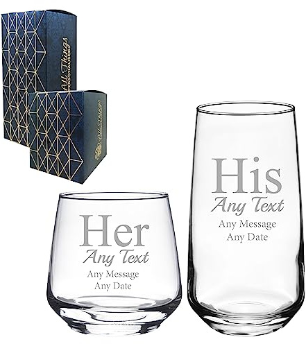 Personalised Engraved His and Hers Any Text, Whisky and Cocktail Glass Set, Wedding or Anniversary, Gift Boxed, Couples Gift, Custom Engraved in The UK
