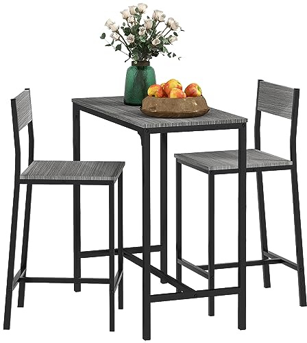 HOMCOM 3 Piece Bar Table and Chairs, Industrial Dining Table Set for 2, Counter Height Kitchen Table with Bar stools, Breakfast Table Set for 2 for Small Space, Gray