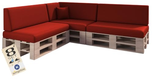 sunnypillow Palettenkissen Outdoor, wasserdicht, UV-lichtecht - 8er Set - Palettenauflage für Palettensofa für Haus und Garten - Palettenpolster für Palettenmöbel - Rückenkissen & Sitzkissen Rot