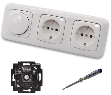 Busch Jäger 6523UR-103 LED Drehdimmer Dimmer + Dimmerscheibe 2115-214 und 2 x Steckdose 20EUC-214 in Reflex Si alpinweiß glänzend inklusive EBROM Phasenprüfer zur Montage der Geräte 6523 UR-103